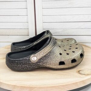 Crocs Classic Ombre Glitter Slip On Clog Sandals Black Gold Women 9 Men 7